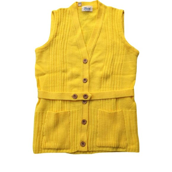 Vintage 1960s Bright Yellow Sleeveless Belted Knit Cardigan Sweater Vest Pockets - Picture 2 of 11